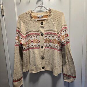 myStyle Women's 100% Acrylic Cream Red Fair Isle Print Knit Cardigan - Medium